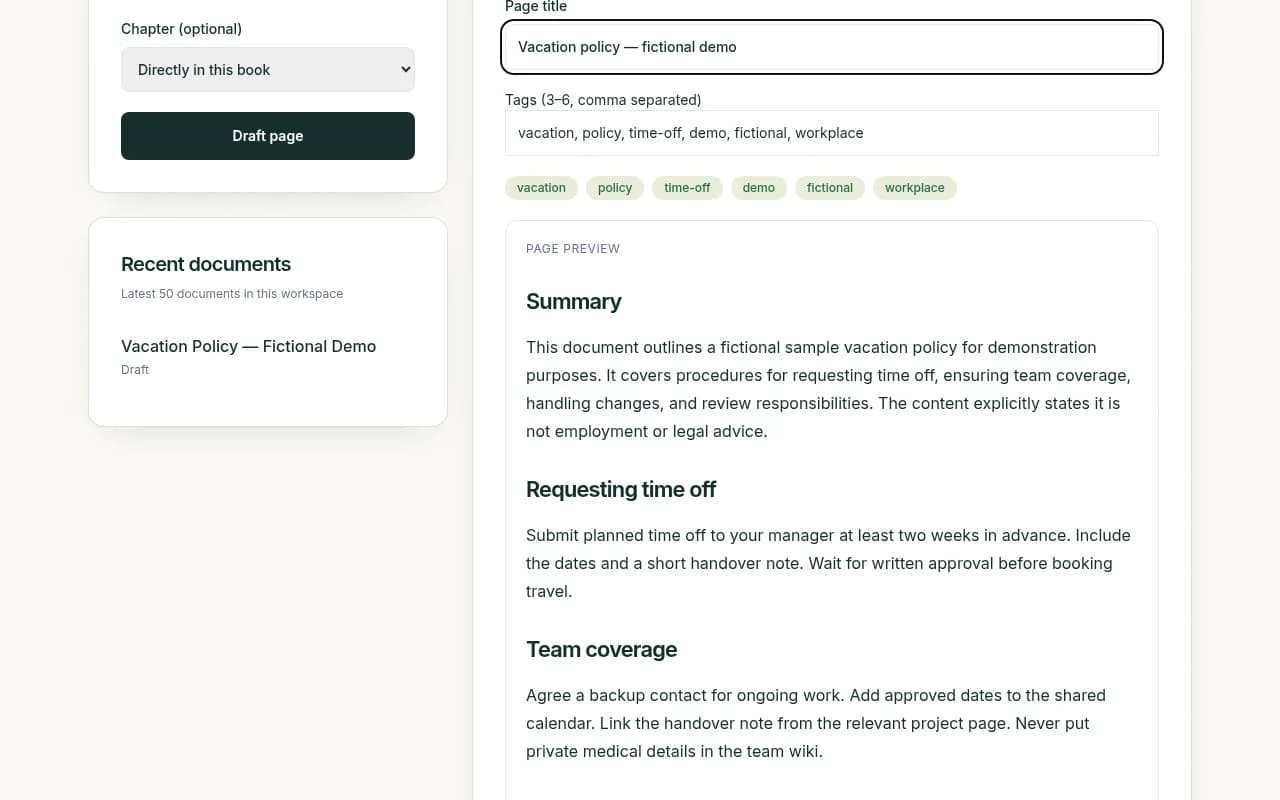 Real vacation policy draft with editable title, tags and summary in the review interface